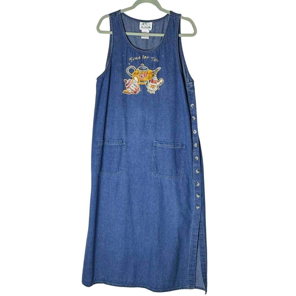 Quacker Factory Jumper Dress Sz L Denim Overall Tea Embroidered Cottage Modest